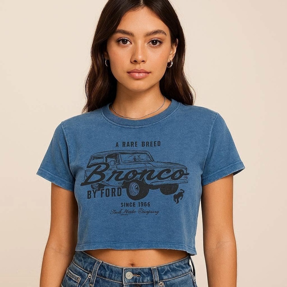 Ford Bronco Crop Top T-shirt A Rare Breed Baby Tee Blue Mineral Wash Women's S